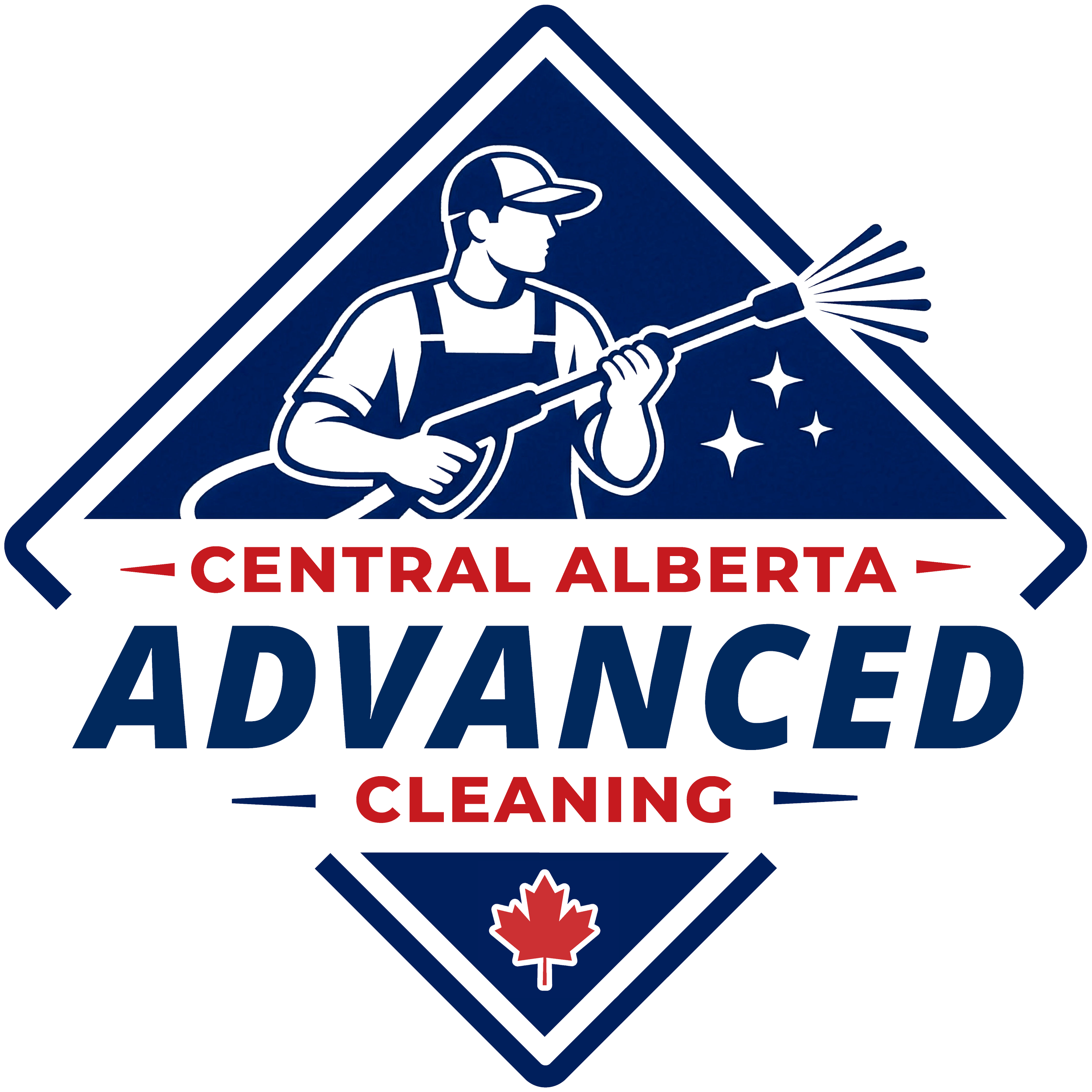 Logo for Central Alberta Advanced Cleaning located in Red Deer, Alberta. The logo features a person wearing a cap and apron, using a spray nozzle to clean with sparkles to indicate cleanliness.