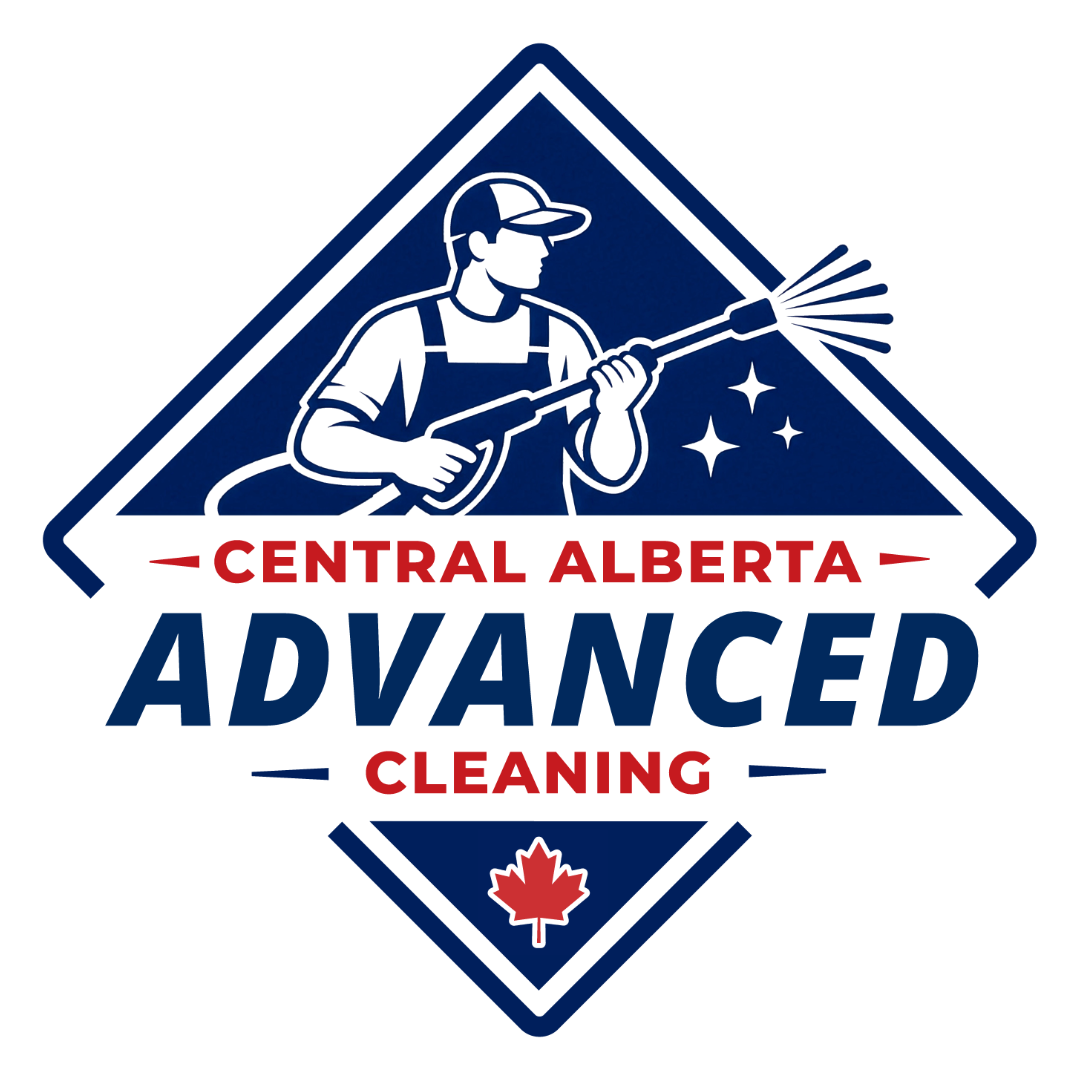 Logo for Central Alberta Advanced Cleaning featuring a person wearing a cap and apron using a spray wand, with text indicating the business name and location, along with a Canadian maple leaf.