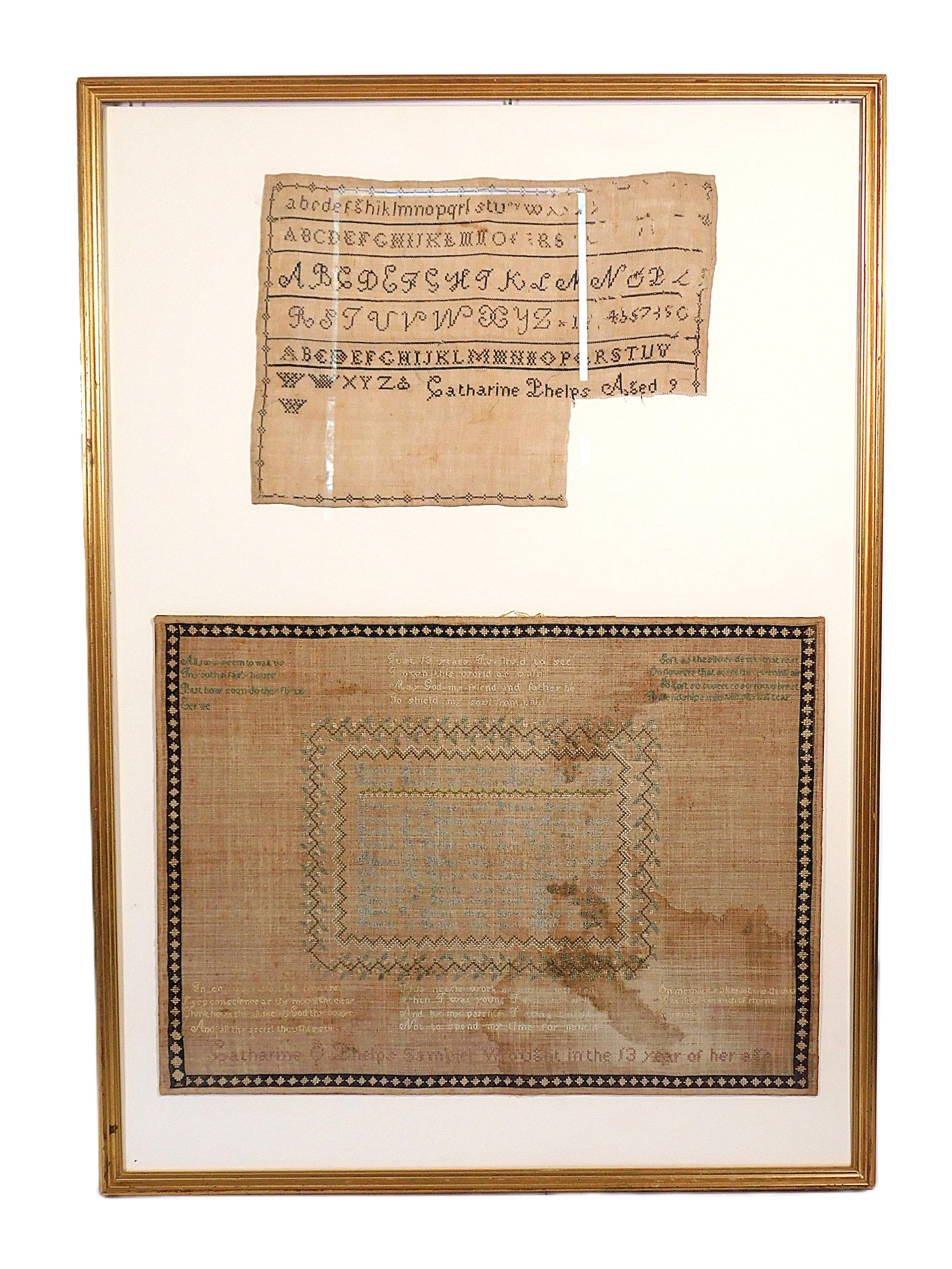 Pair of Schoolgirl Samplers Wrought By Catherine O. Phelps (1818-1910) 1827 & 1831, Windsor, Connecticut
