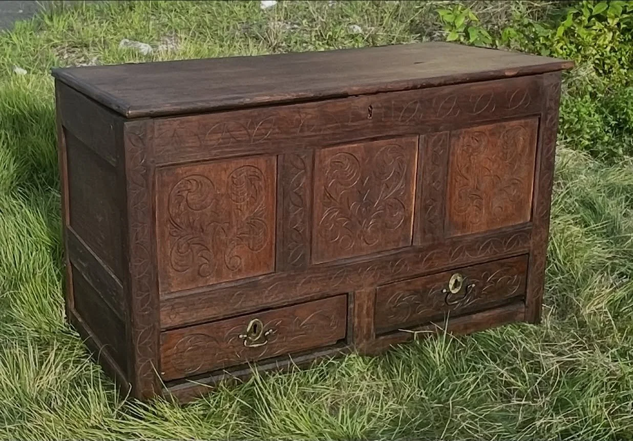 Restored from a polyurethane nightmare back to good old linseed oil, this mule chest is a stunning piece, initialed &ldquo;EN&rdquo; and likely dating to 1700-1720. Let me know what you think of the transformation, currently at the Deerfield Antique 