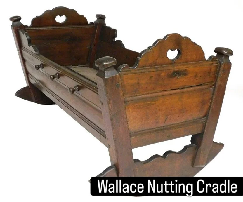 Coming to @antiquesinmanchester 

18th C. Pennsylvania Cradle, oak with pine secondary, heart-shaped hand-holes. 

[PROVENANCE: Previously personally owned by Wallace Nutting, and donated to the Wadsworth Atheneum by J. P. Morgan along with the rest 