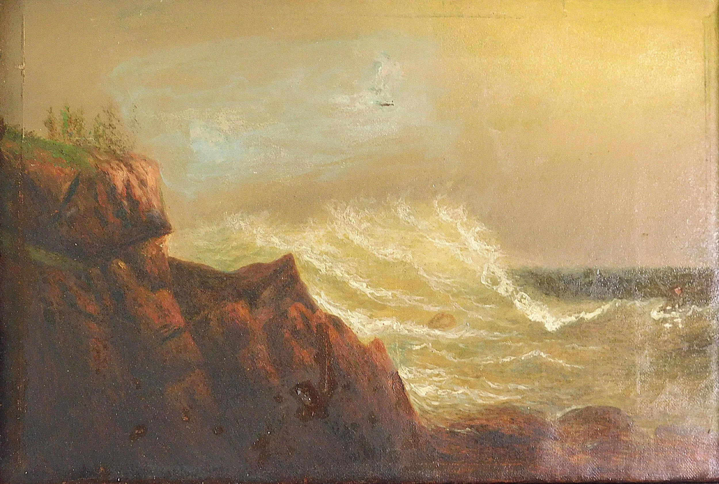 Naive Coastal Landscape, Late 19th / Early 20th C., Oil On Canvas
