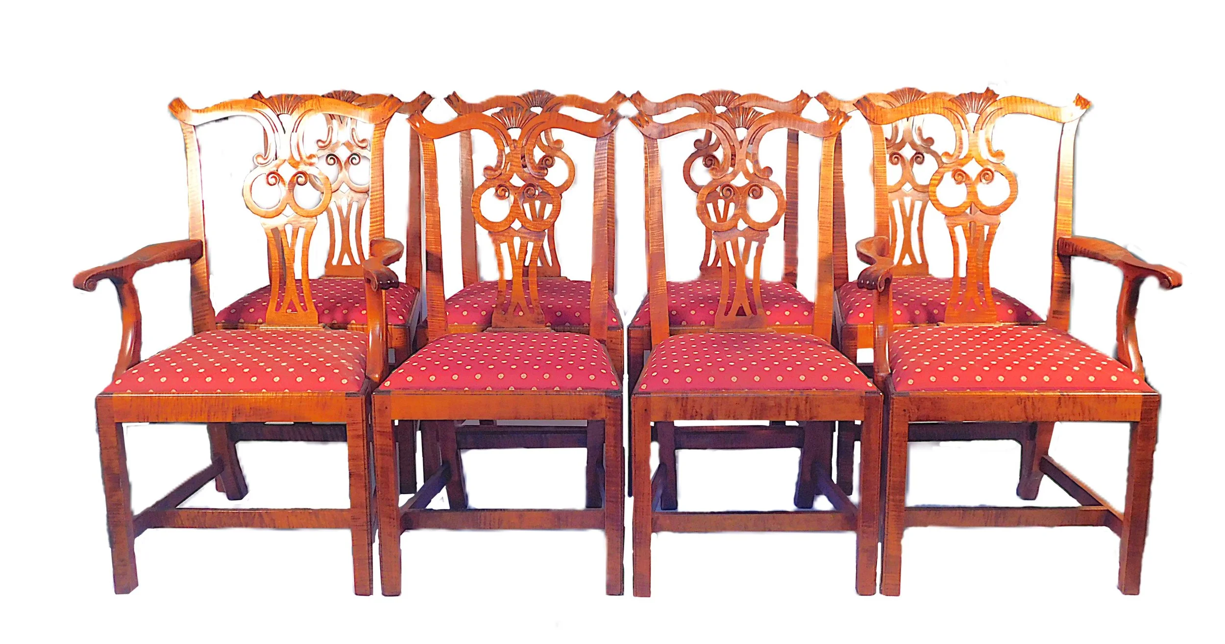 Eight D. R. Dimes Chippendale Style Tiger Maple Dining Chairs