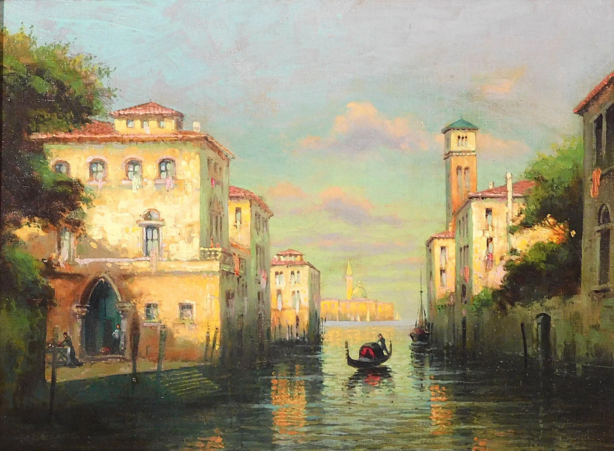 Antoine Bouvard Sr (French, 1870-1955), “Venetian Canal with San Giorgio Maggiore in Distance“, Oil On Canvas
