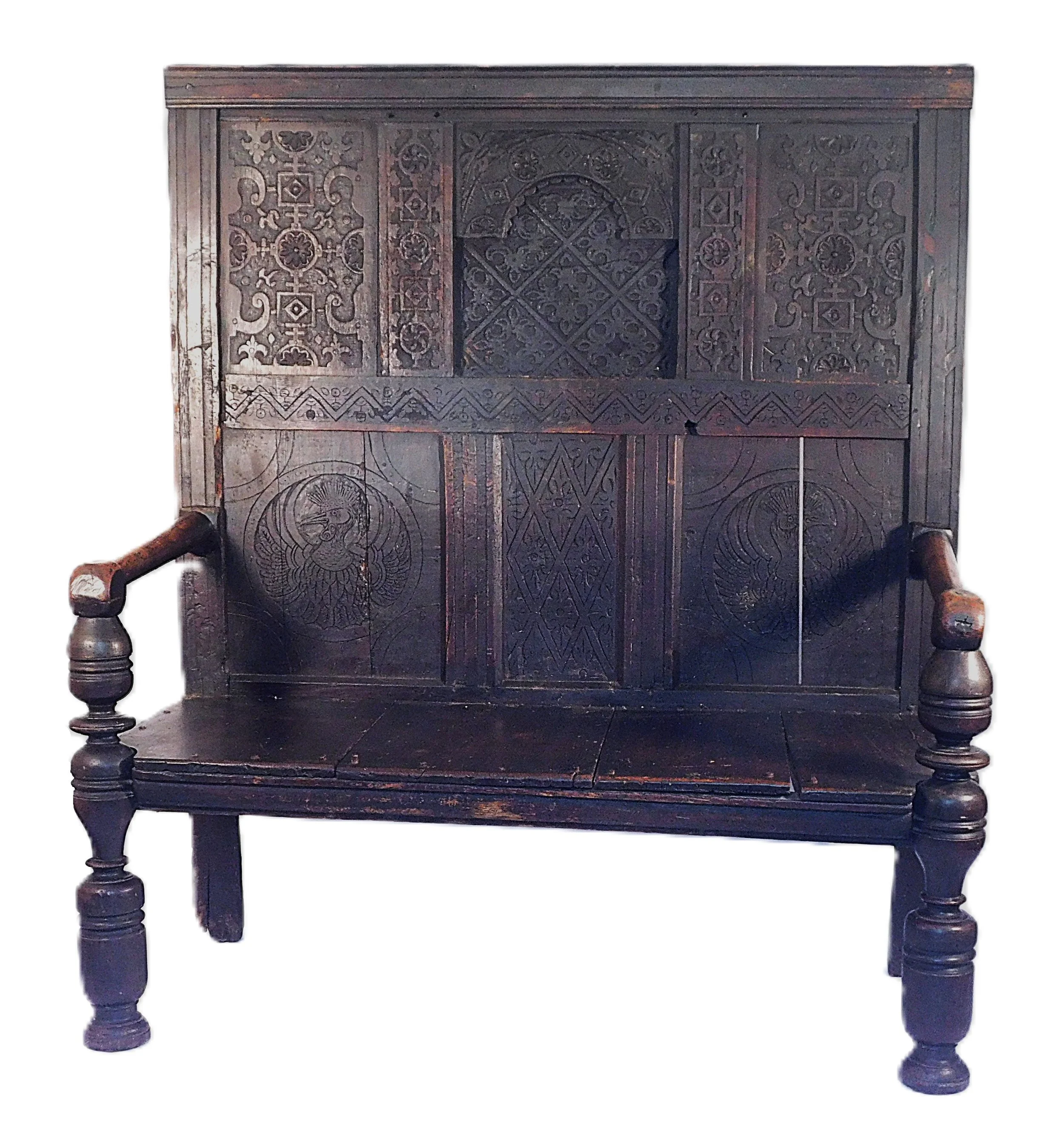 Jacobean Carved Oak Settle, English, c. 1680