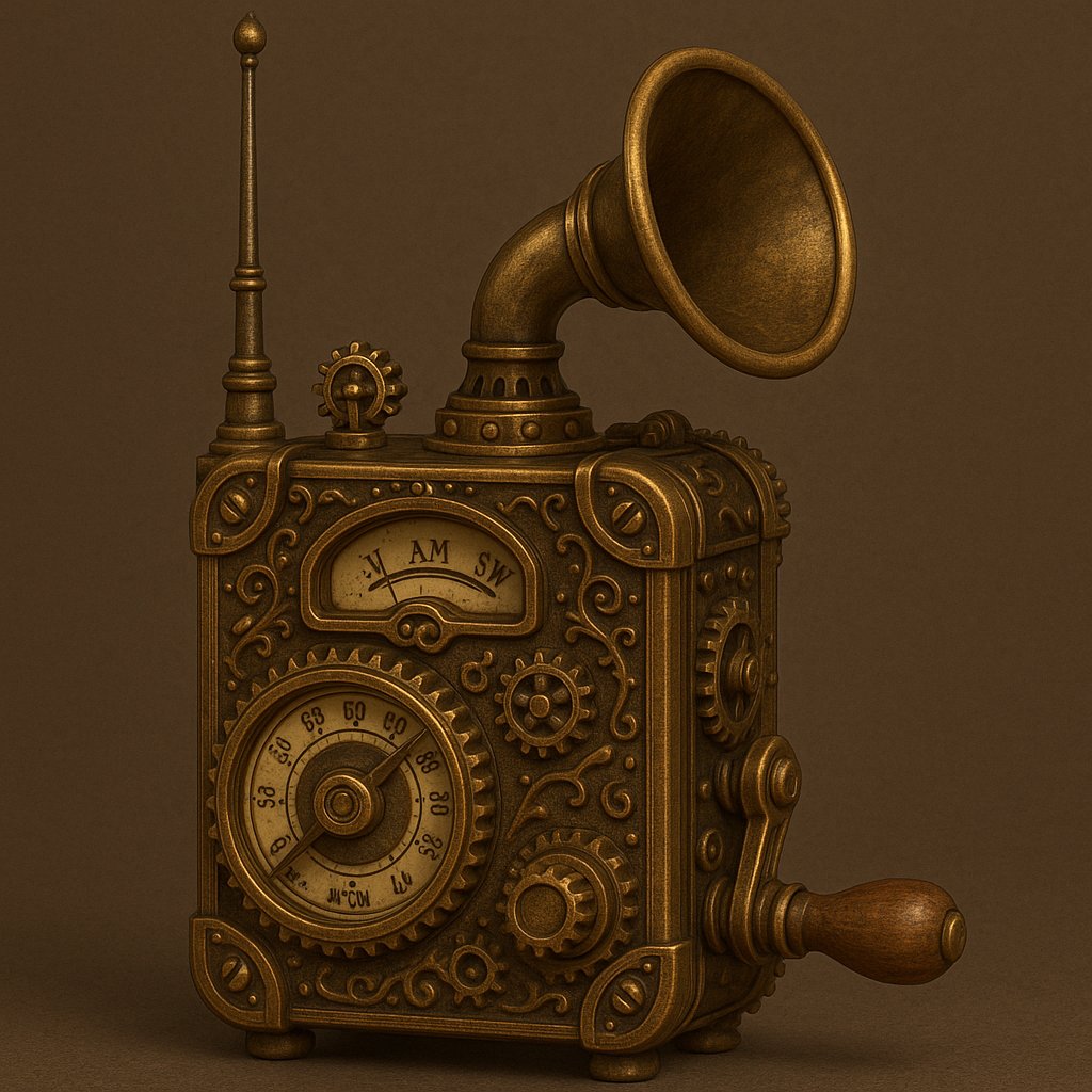 An antique steampunk-style device resembling a vintage phonograph with gears, dials, and a horn, made of metal with a bronze finish.