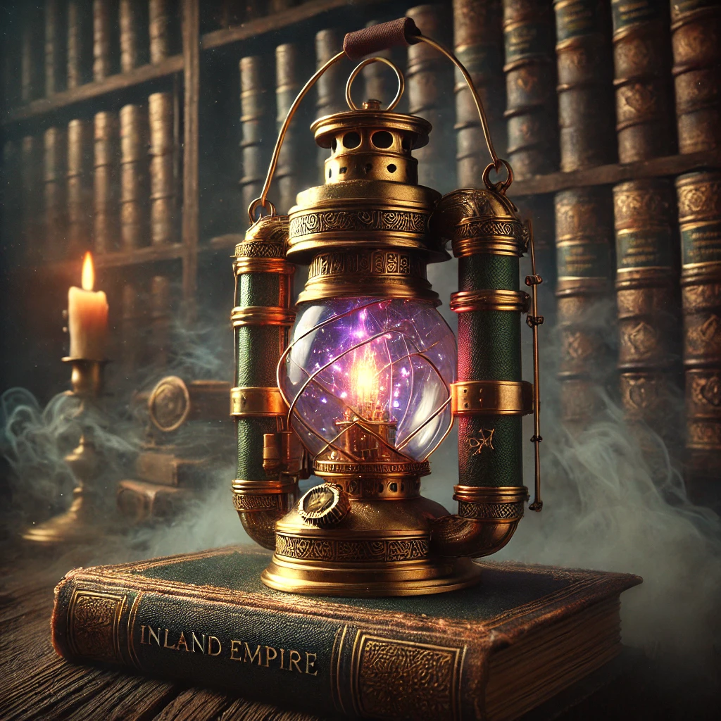 A vintage oil lantern with a glowing, possibly magical, light inside it, resting on an old book titled 'Inland Empire,' with a background of old books on shelves, a lit candle, and swirling smoke or fog.