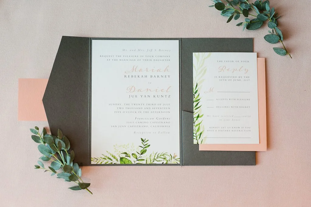 Soft Coral, Charcoal & Leafy Green Wedding Invitation