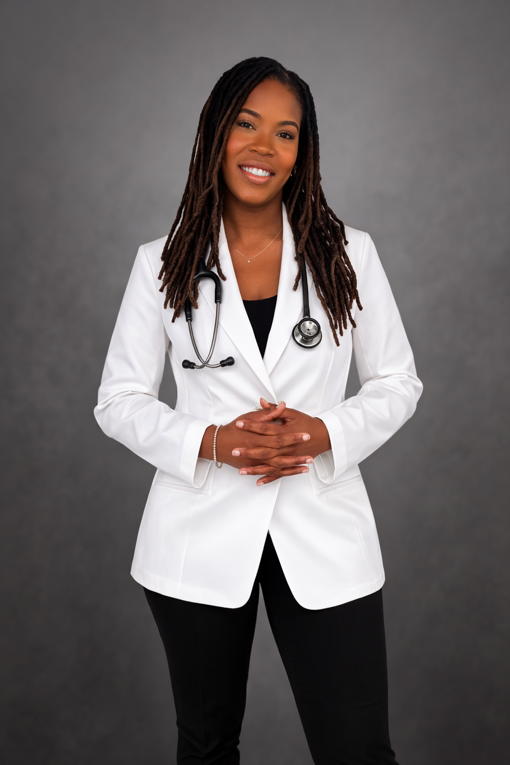 Dr Smithbey wearing white coat with stethoscope hanging on her neck