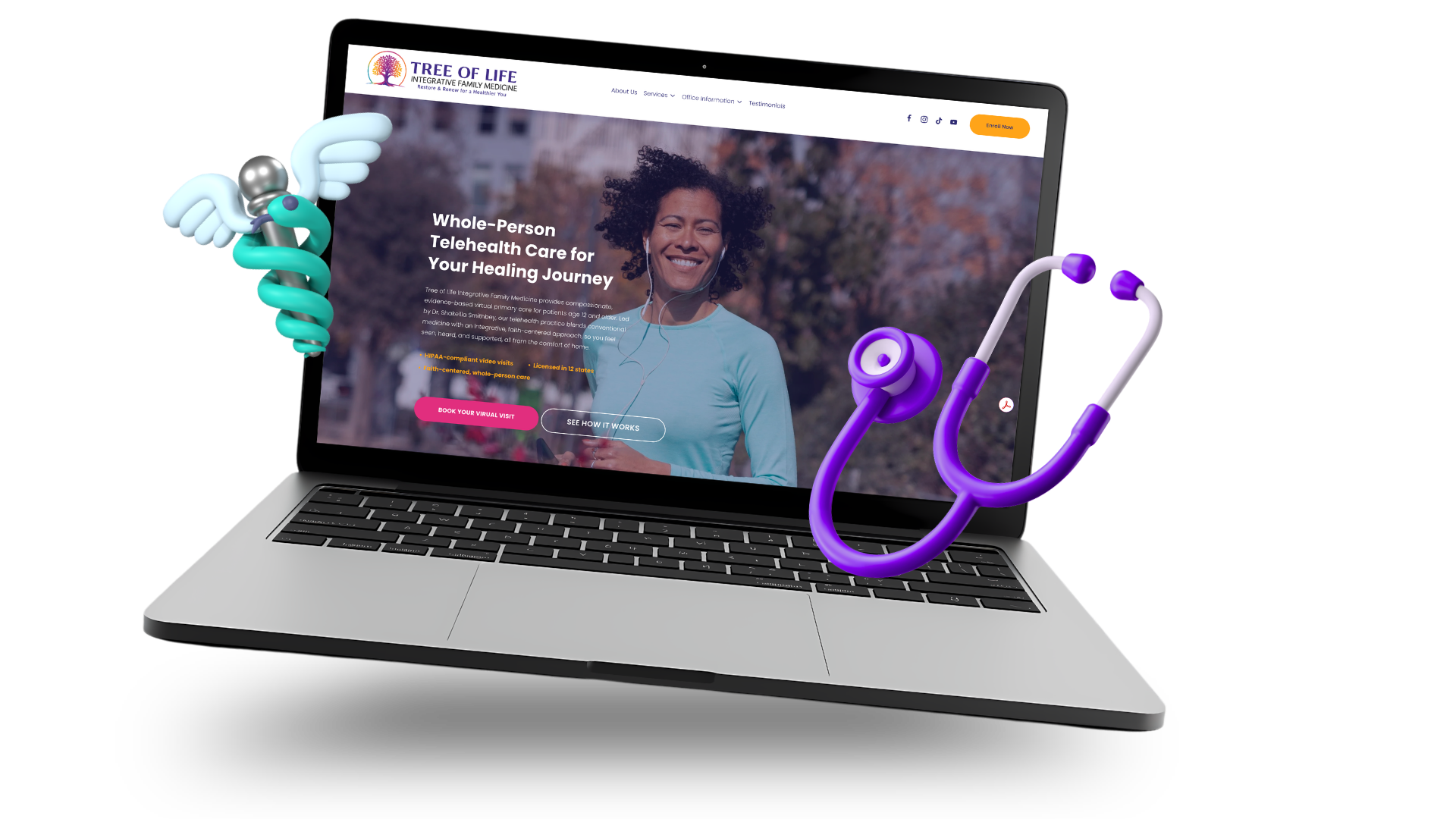 Laptop displaying a website for Tree of Life, a telehealth care service, with a smiling woman in the background. Two colorful stethoscopes are attached to the laptop, one purple and one teal with a wing attachment.