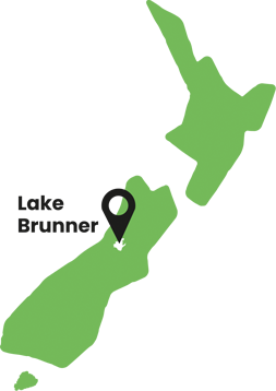 Map showing Lake Brunner on New Zealand's South Island, with a marker indicating its location.