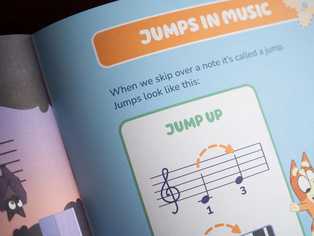 Steps and skips music reading page from Bluey First Ever Piano Book