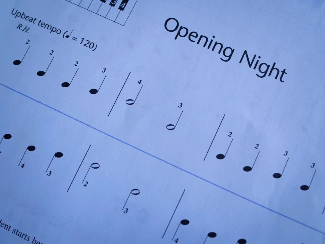 Opening Night from the Hal Leonard Adult Piano Method, an early off-stave piece with teacher duet accompaniment