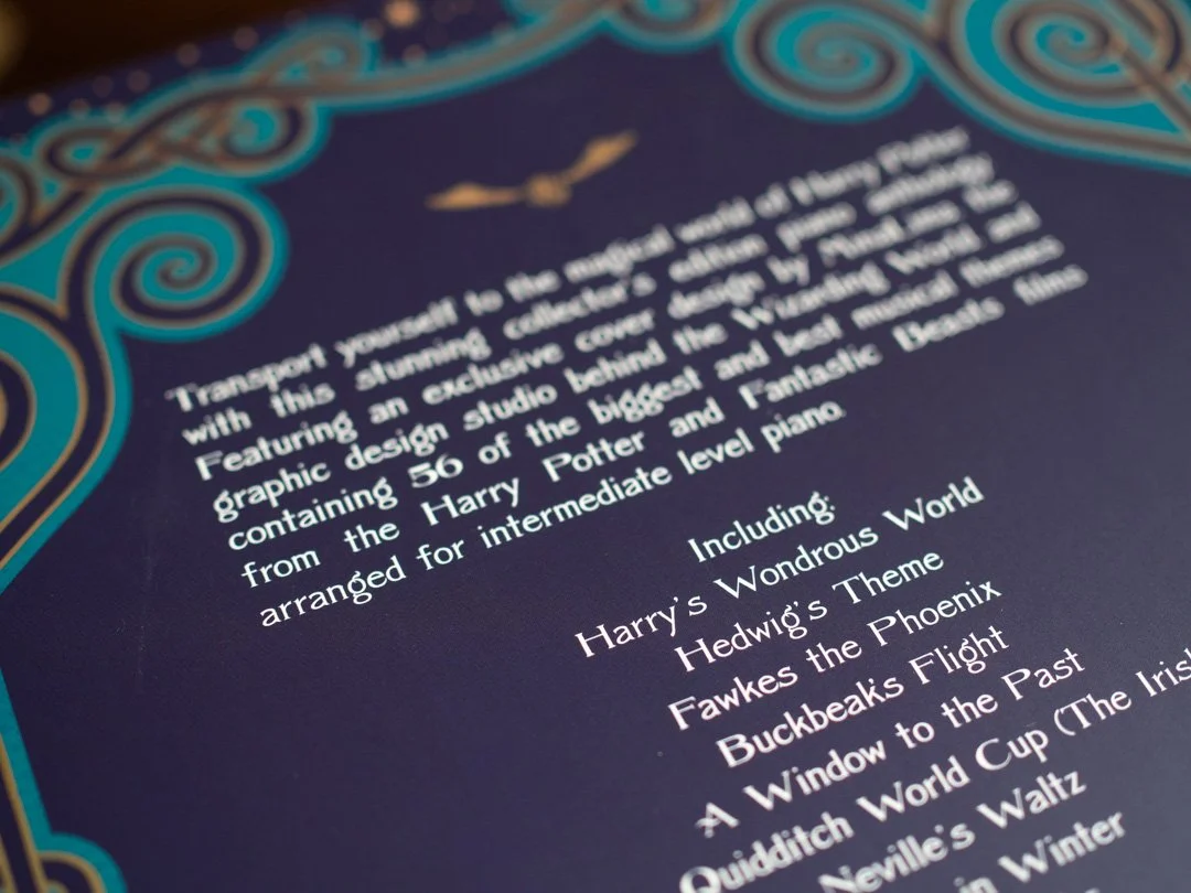 Back cover of The Harry Potter Piano Anthology listing included pieces and films