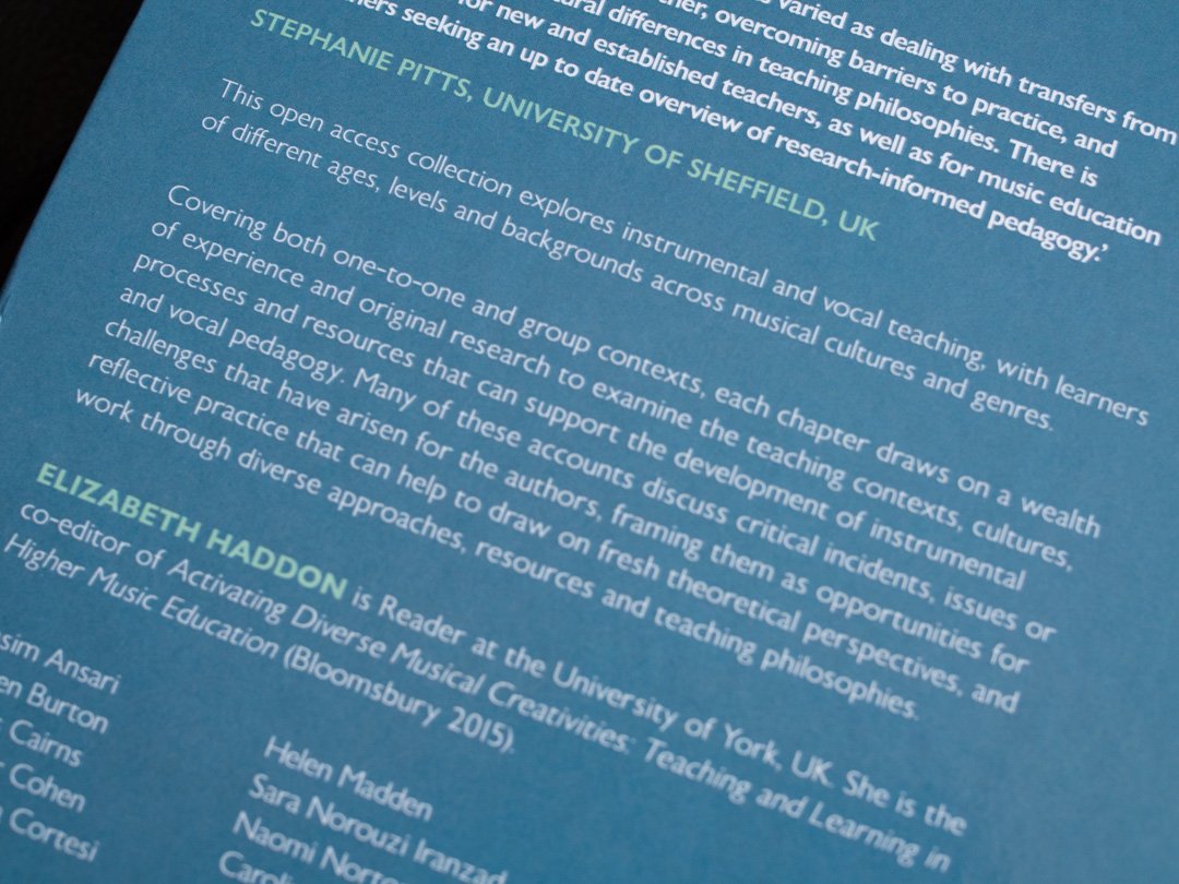 Back cover of Instrumental Music Education: Developing Pedagogies as Instrumental Teachers, edited by Elizabeth Haddon.