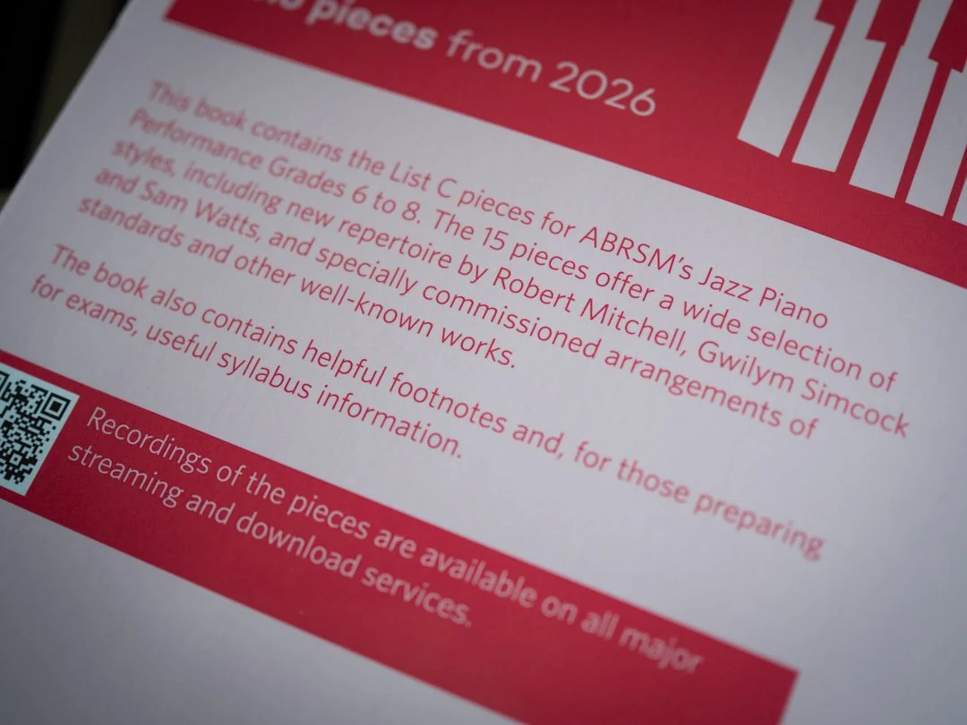 Back cover of ABRSM Jazz Piano Solo Pieces Grades 6–8 (2026) showing contents overview