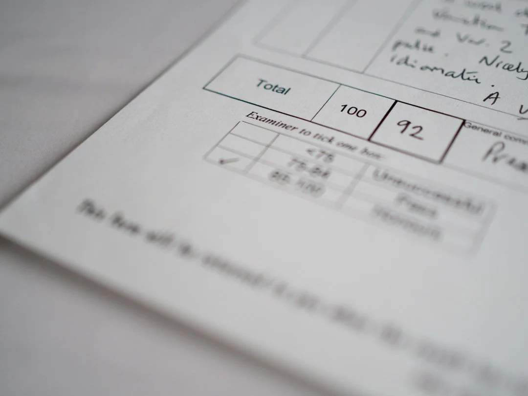 VCM music exam marksheet showing total marks awarded at the bottom.