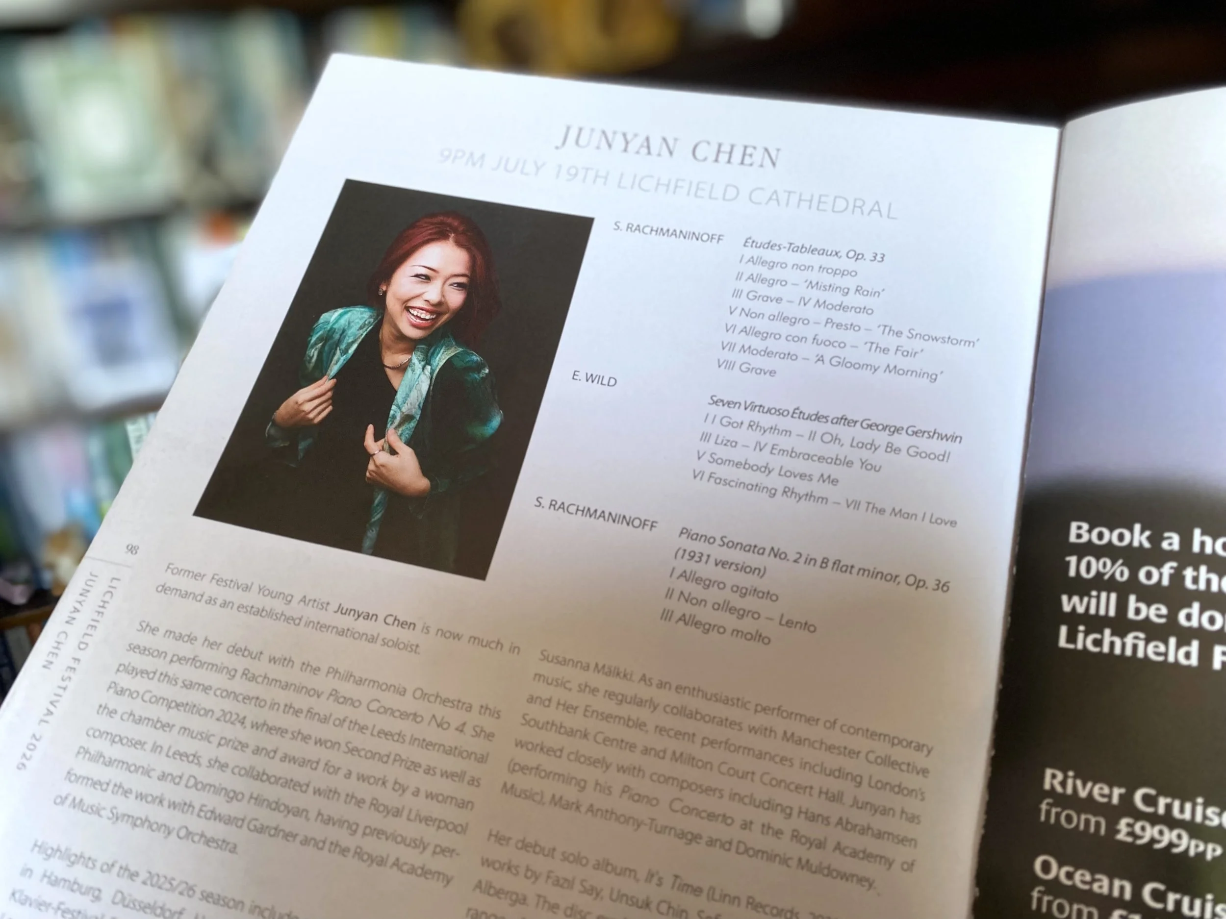 Programme page for Junyan Chen's 2026 Lichfield Festival recital, featuring her photograph, biography and the evening's programme.