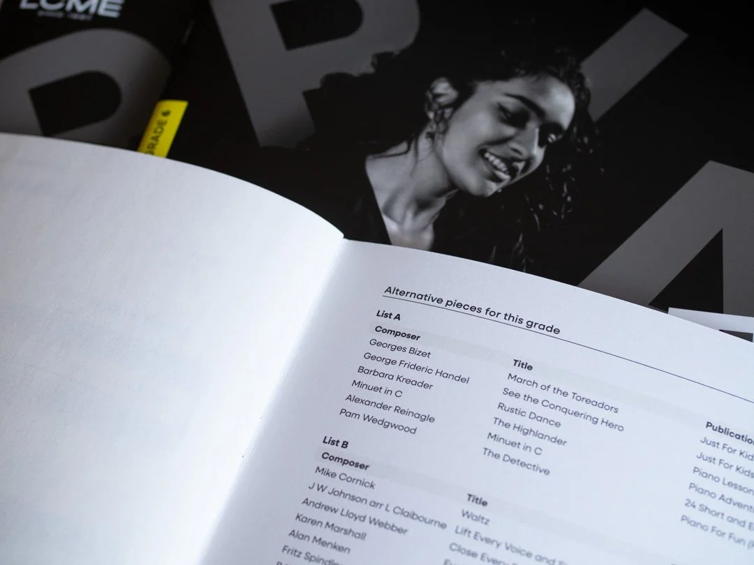 Alternative repertoire lists printed inside the back cover of the LCME Piano Handbook 2026 editions