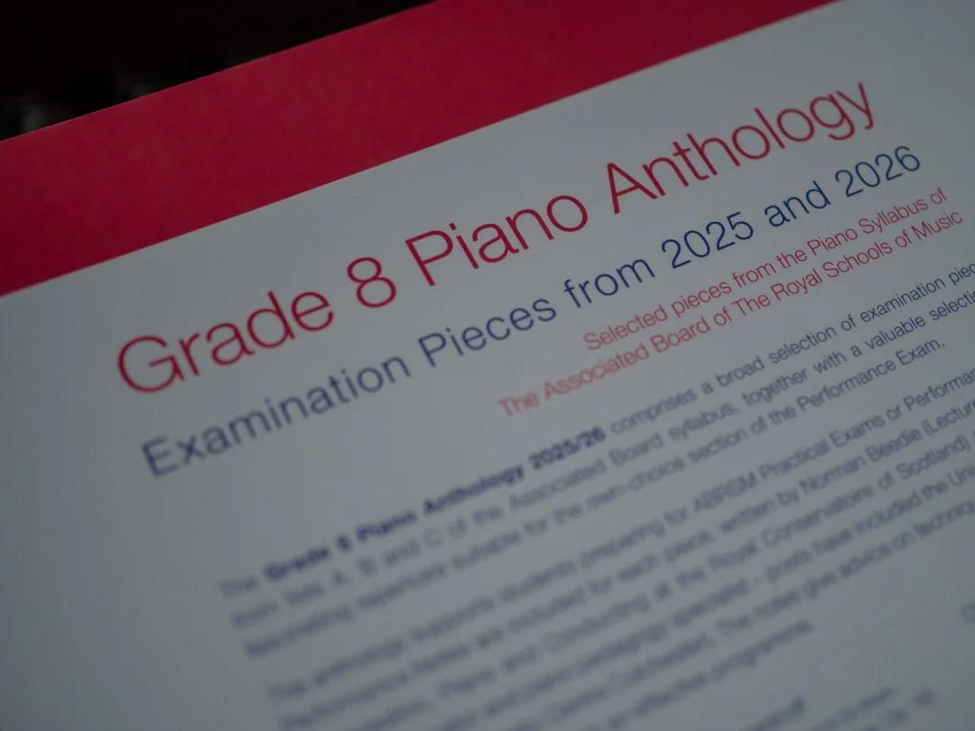 Back cover of Graded Piano Anthology Grade 8 for ABRSM 2025–2026 showing contents and details