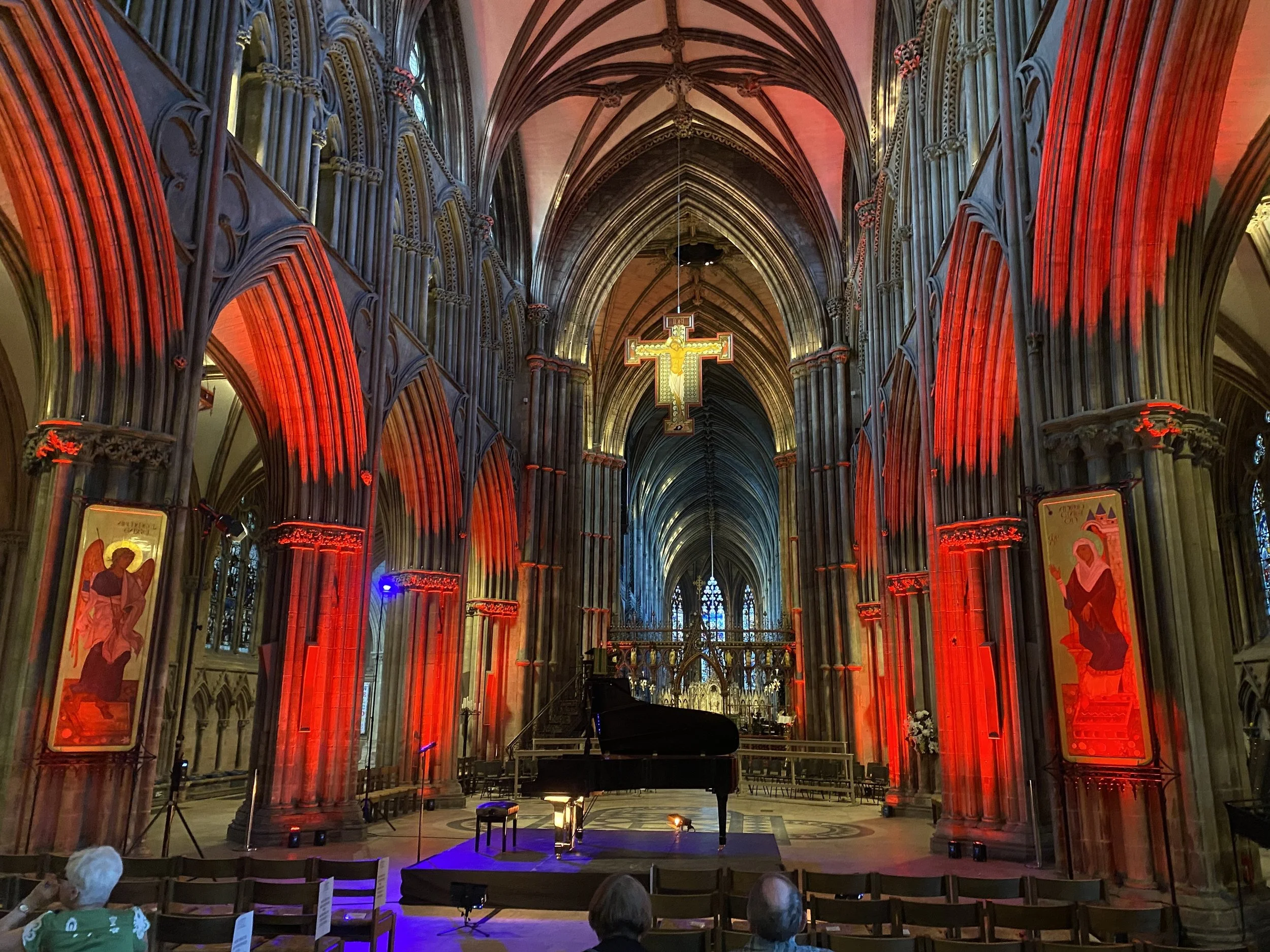 Lichfield Cathedral prepared for pianist Junyan Chen's performance at the 2026 Lichfield Festival, with a grand piano at the front of the nave.