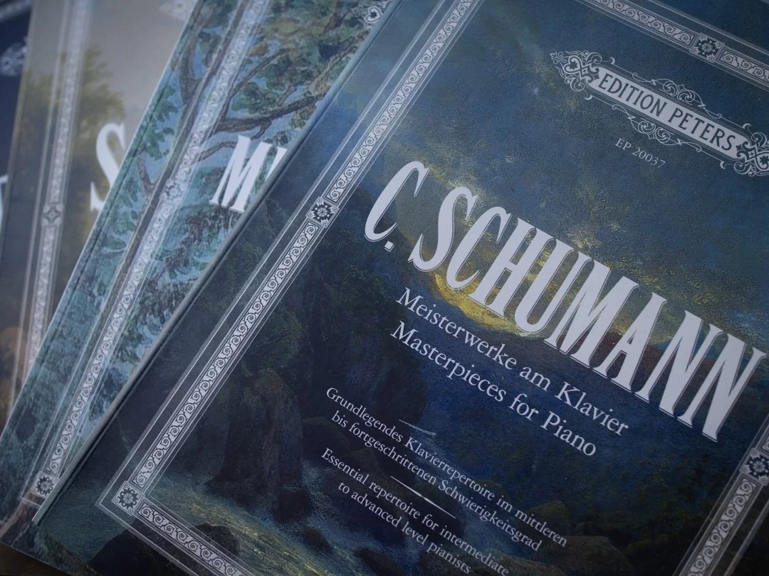 Stack of Edition Peters Masterpieces for Piano books with the Clara Schumann volume on top