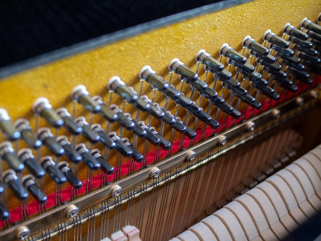 Interior of a Schimmel upright piano showing strings and hammers