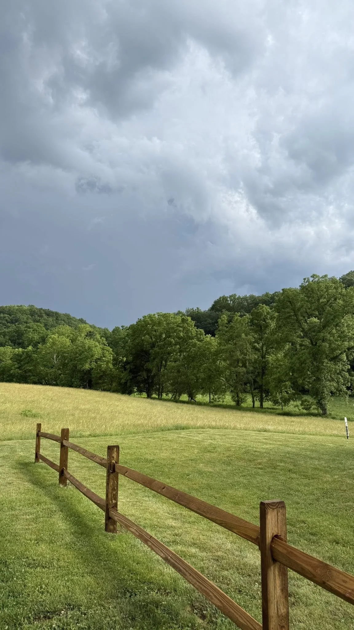 A peaceful view from the fence in front of the Old World Libations tasting room, looking out across the green fields and wooded hills of Monroe County, West Virginia, as a June summer storm gathers overhead.