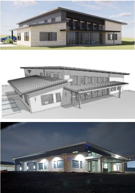 Three views of a modern single-story commercial building: architectural rendering, 3D wireframe model, and nighttime exterior photograph.
