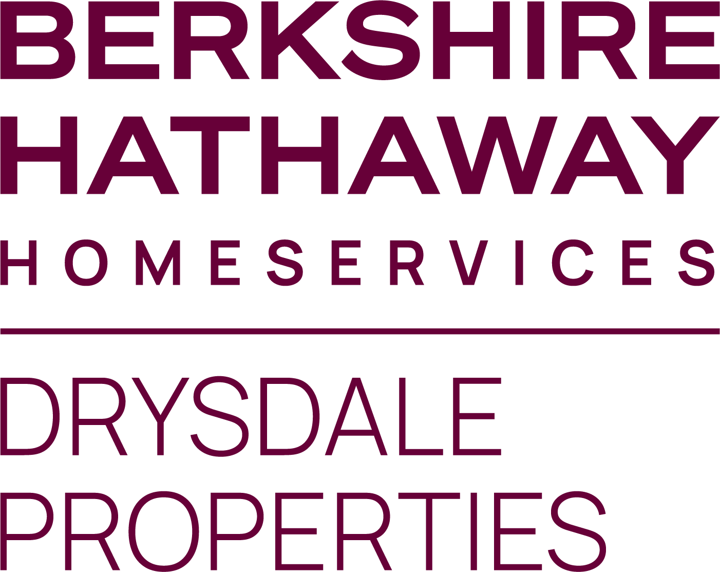 'Berkshire Hathaway HomeServices Drysdale Properties' logo in purple font on a black background.