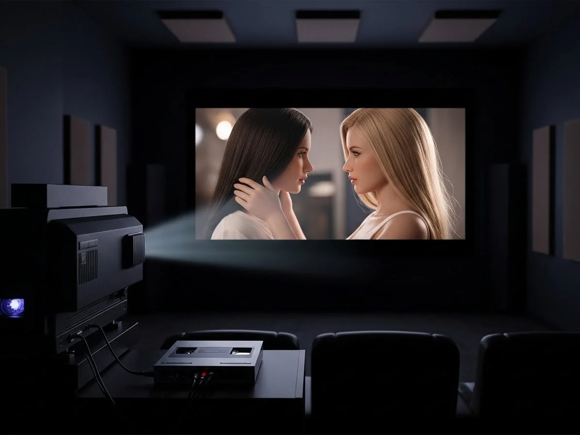 A movie theater with a projection screen showing two sex dolls facing each other closely, one with black hair and the other with blonde hair.