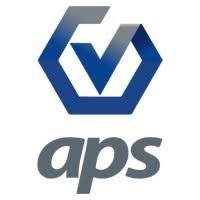 A logo with a stylized hexagon and check mark in blue and gray text reading 'aps'.