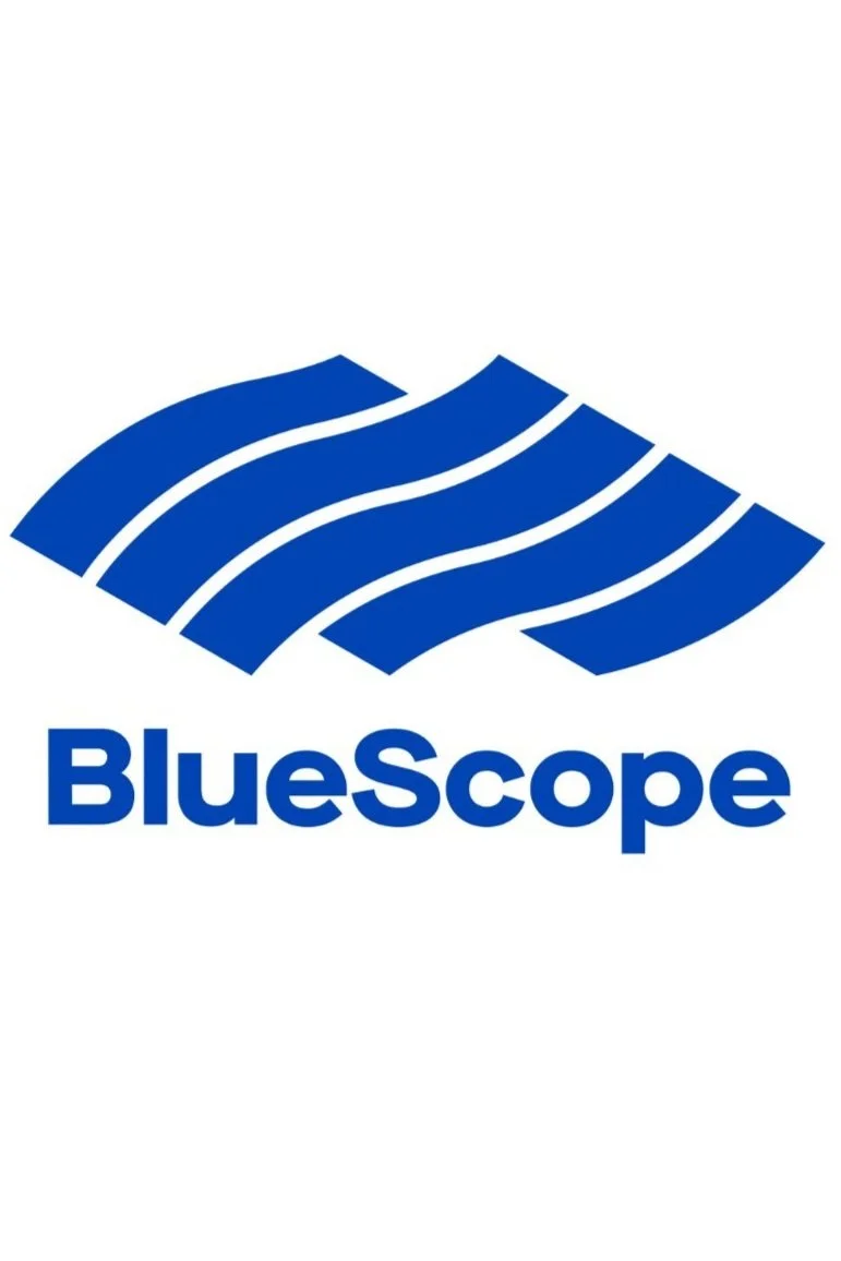 BlueScope logo with blue abstract wavy lines and the word "BlueScope" in blue text underneath.
