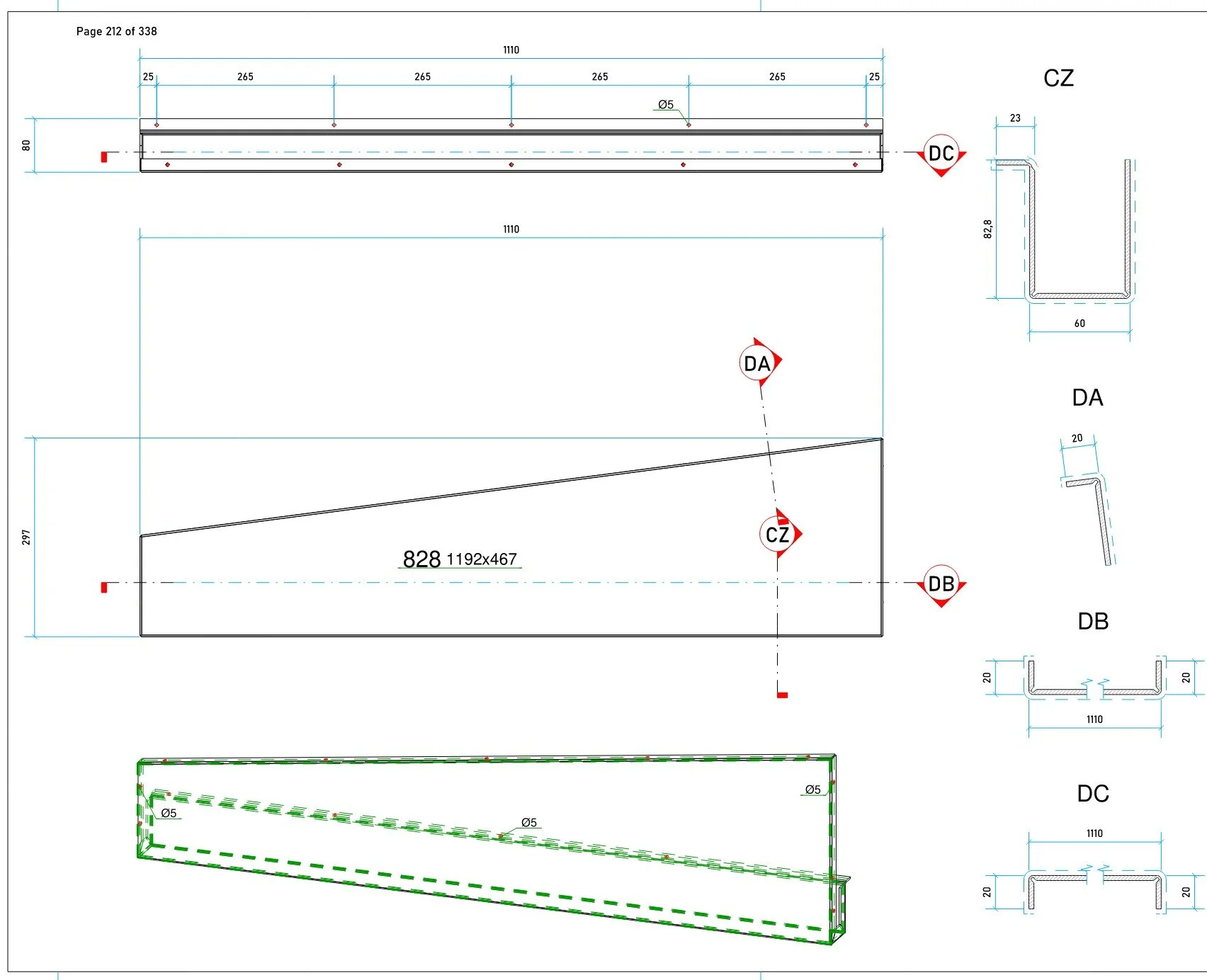 Technical engineering drawing of a metal component with detailed measurements, sectional views, and annotations.