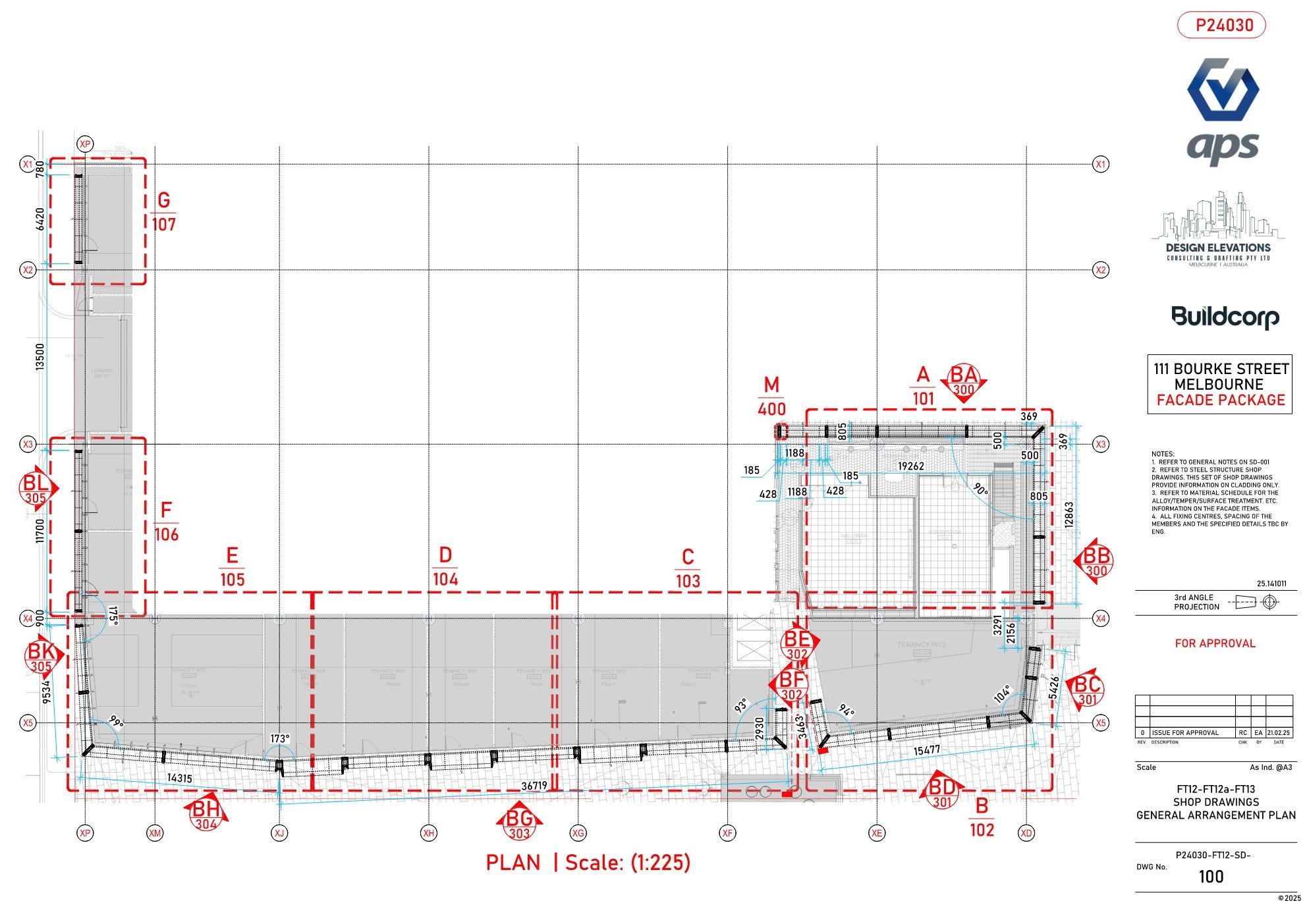 A detailed architectural building plan for 111 Bourke Street, Melbourne, showing sections, measurements, and construction notes.