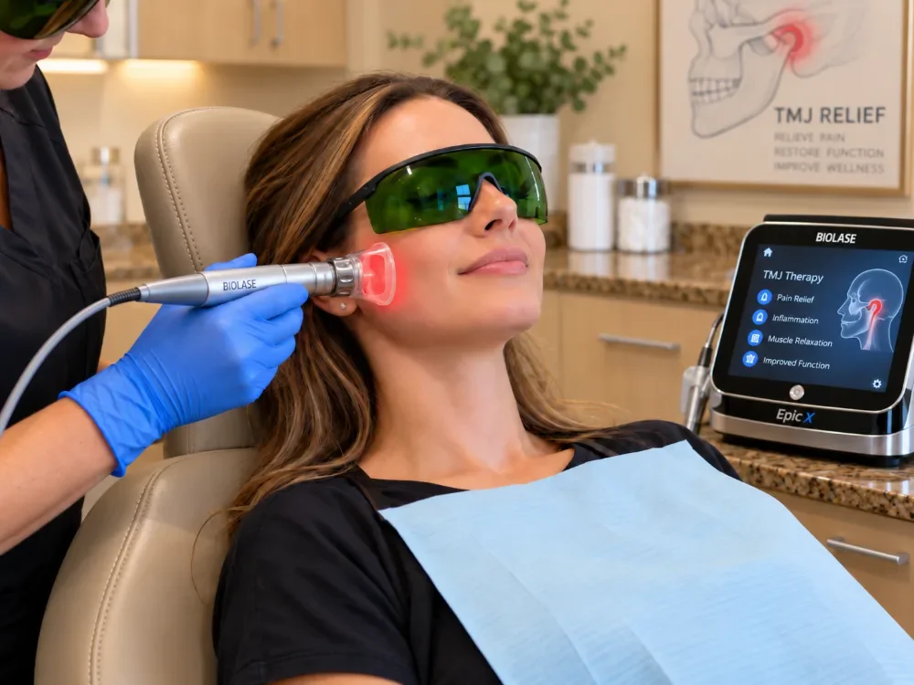 Woman in a dental chair with a low-level laser wand held against the outside of her jaw