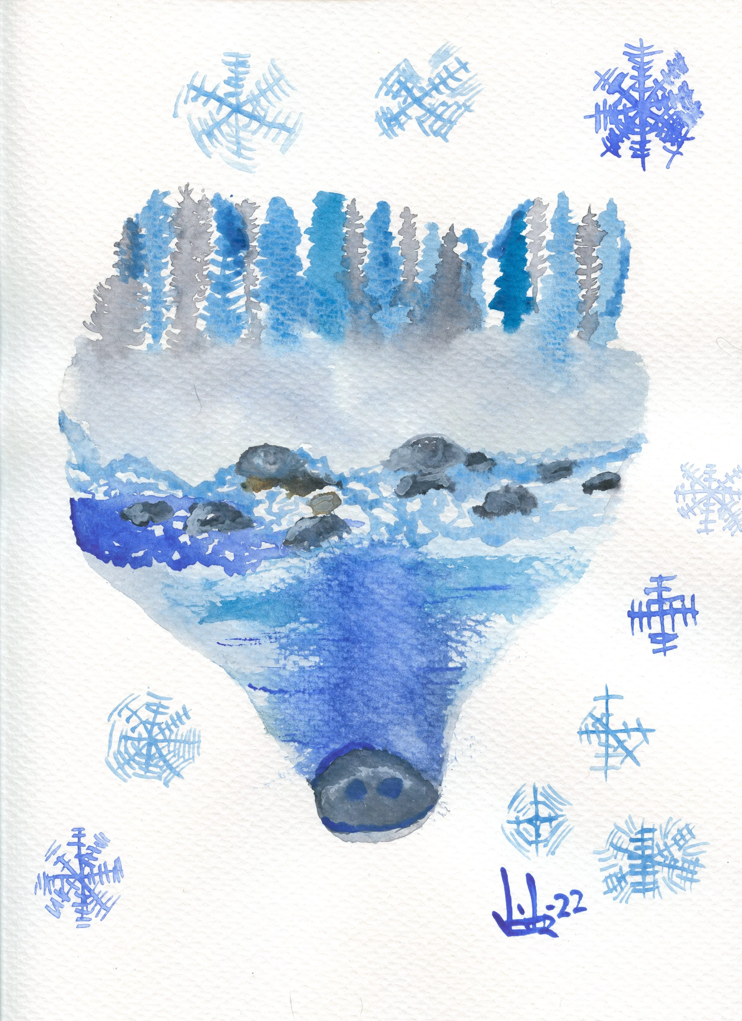 silouette of bear filled with a mountain stream and trees