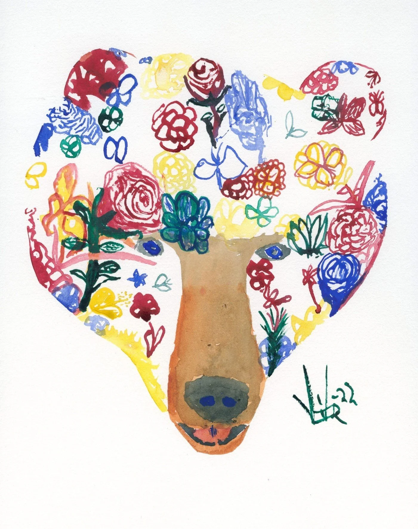 Bear face covered in flowers