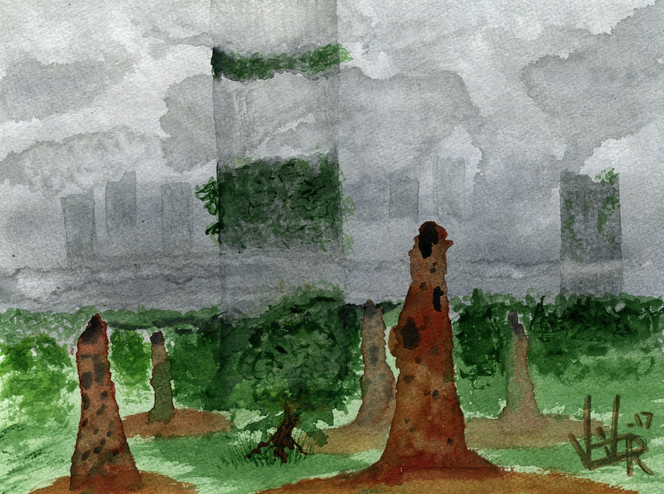 building and terminte mounds populating scenery