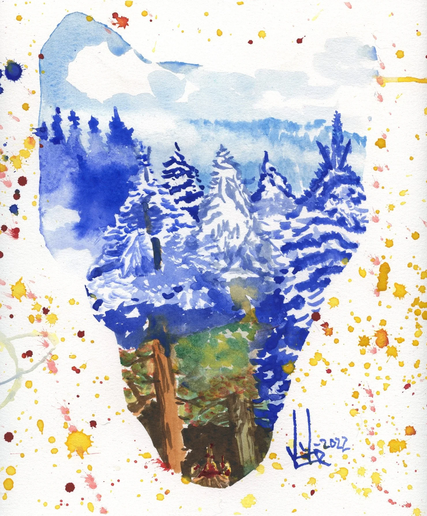 wolf face covered with forest