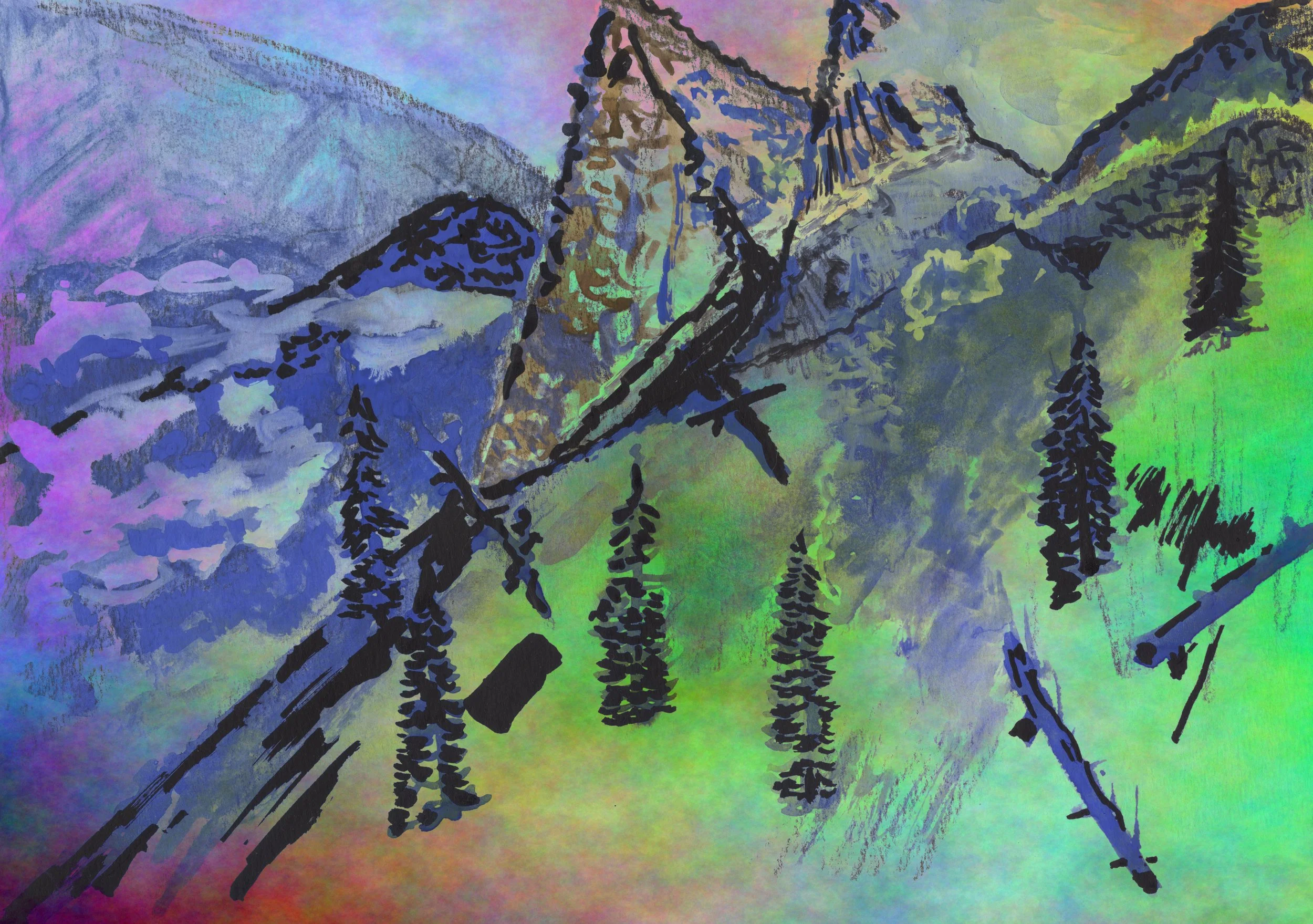 photoshopped scan of a mountain landscape of wintery peaks in the idaho panhandle