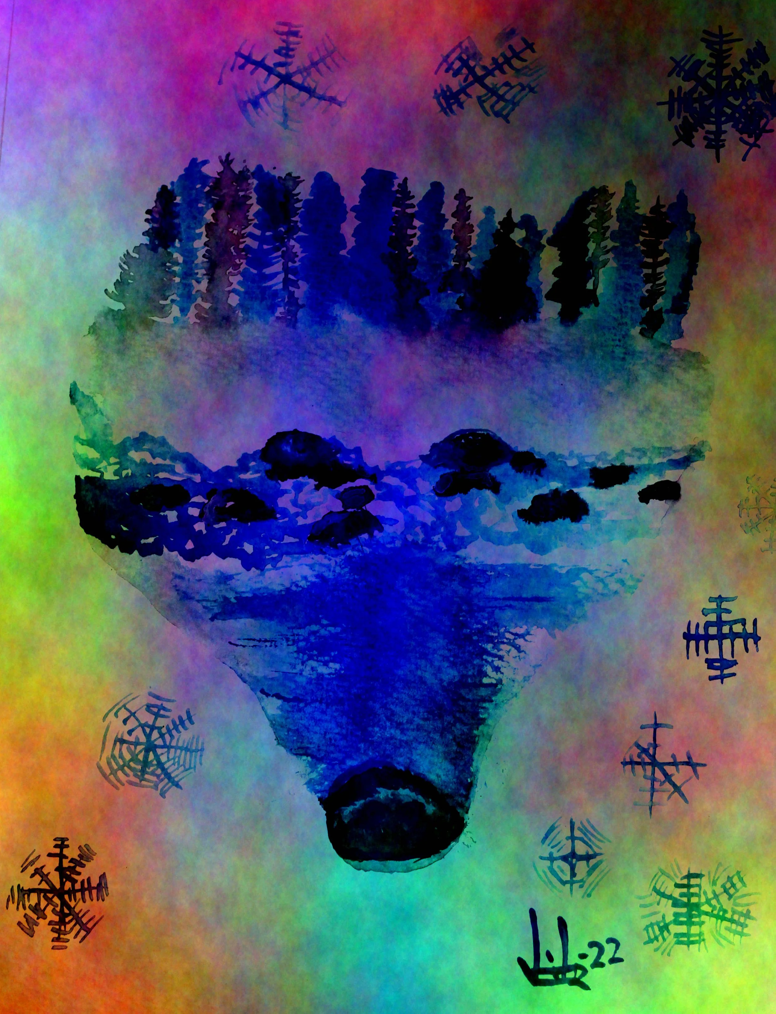 photoshopped white wolf silouette with stream and trees filling in silouette