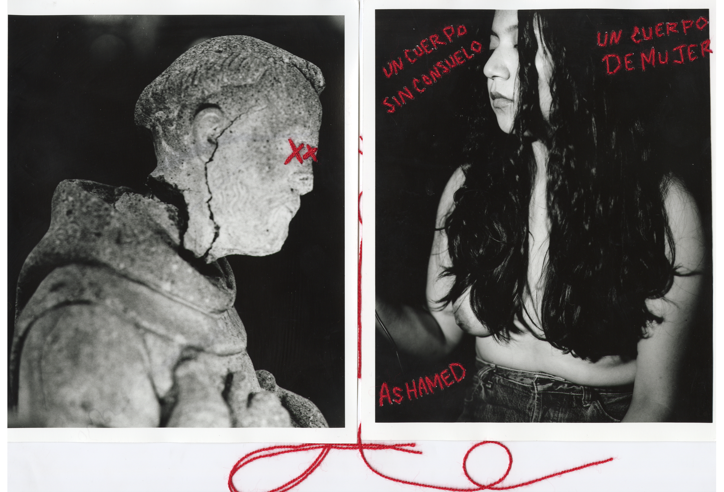 Mujer Divina, 2022, Darkroom print embroidered with red thread and needles from the artist’s mom. My culture in Mexico allowed me to grow up with and learn the many customs and traditions of my heritage. When I moved to L.A., I was in an unknown plac