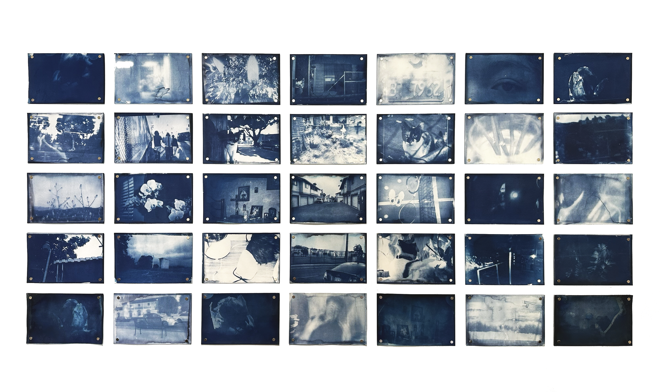  5 Seconds of Time , 2025, Thirty-five mixed media cyanotypes , 8x10 inches each. 
  
 
An extension of Running Away From ______. Multiple stills laid out to make a sequence.