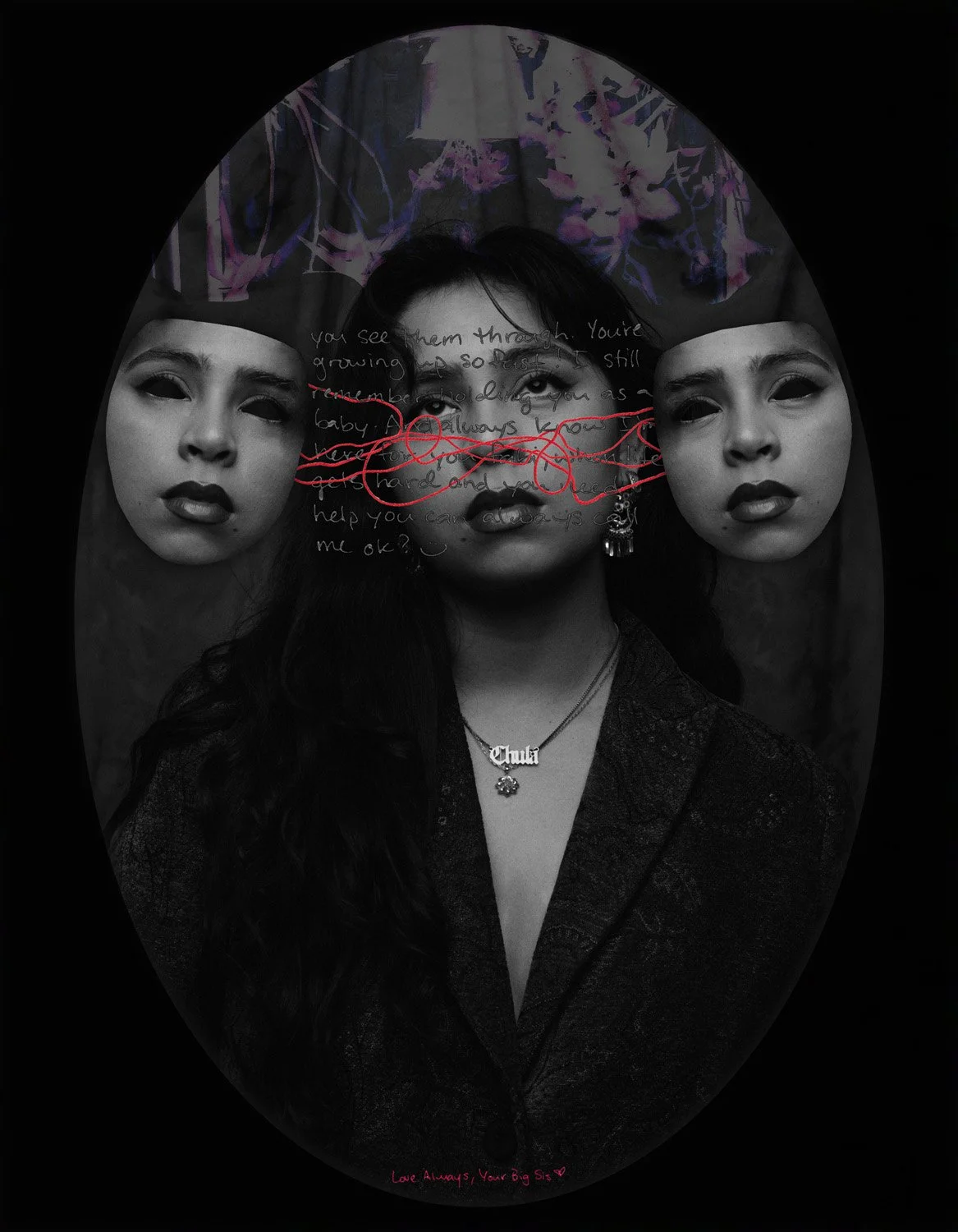  Half of Me , 2025 
13x17 inches 
 
 
Sometimes I find myself stuck in my own head—dwelling on thoughts and emotions, trying to rationalize or intellectualize rather than allowing myself to fully feel. In doing so, I often feel like I’m masking my tr