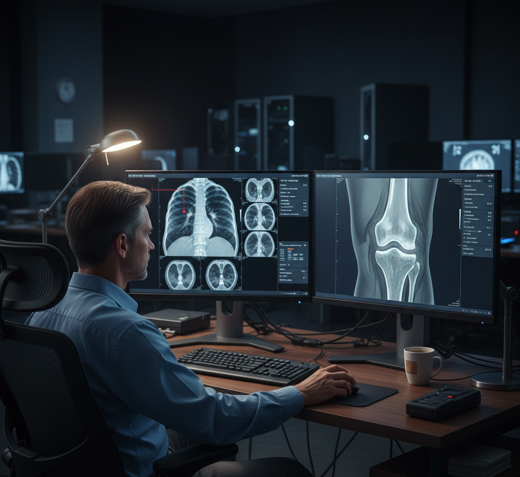 Man in a blue shirt on a computer looking at two screens with images of the chest and other body parts