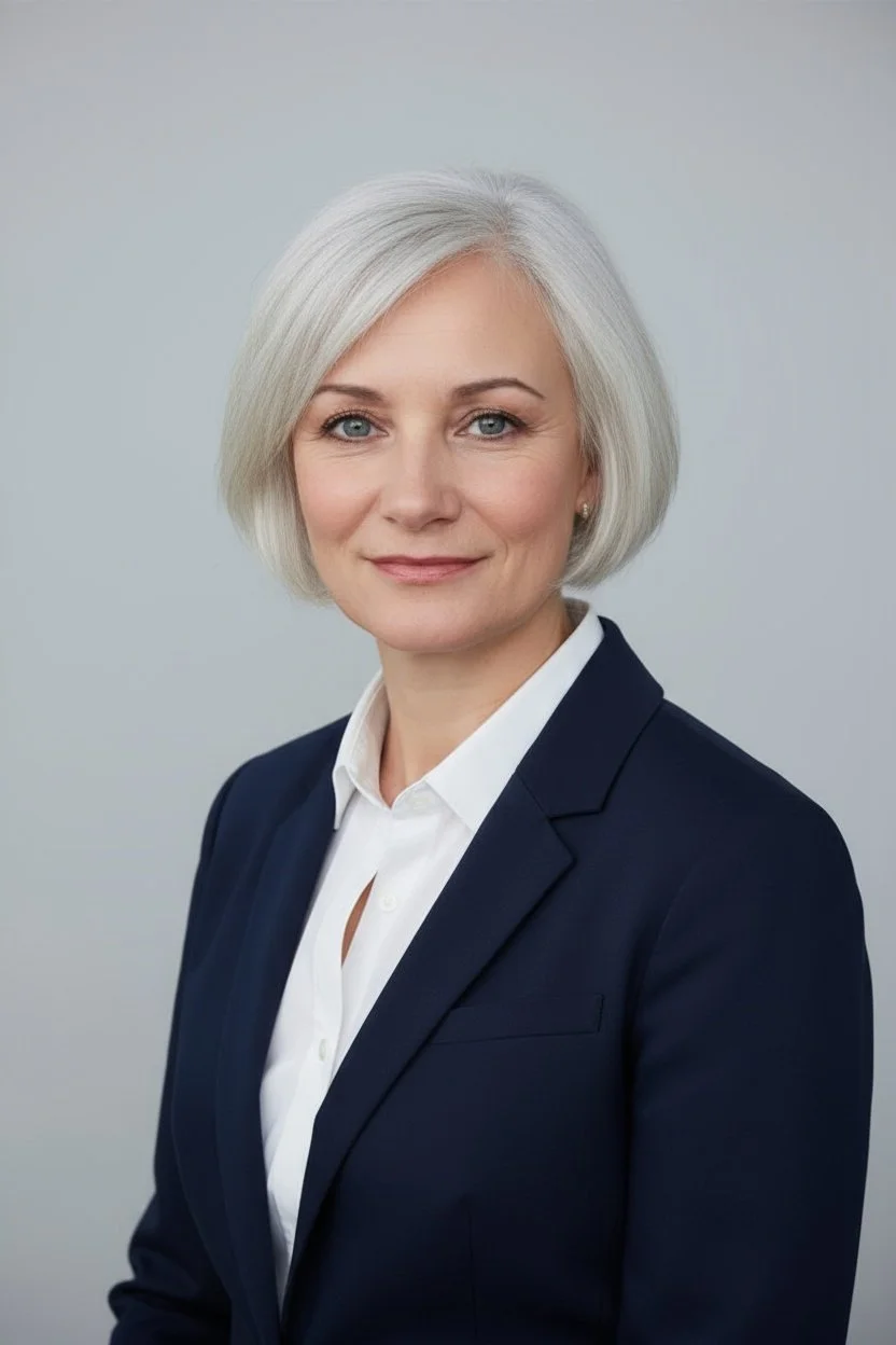 image of a blonde haired lady with hair in a bob cut and wearing a white shirt and navy jacket