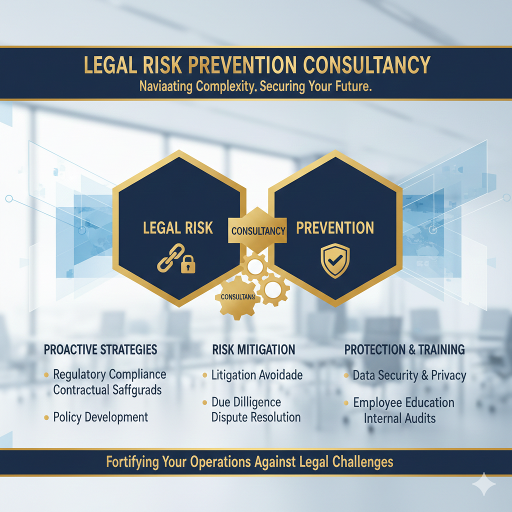 Professional graphic for Legal Risk Prevention Consultancy, featuring icons related to law, analysis, and protective measures.
