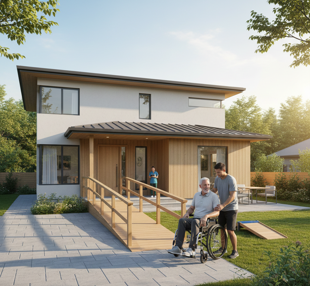 Man pushing an elderly man in a wheelchair towards a ramp that leads to a house