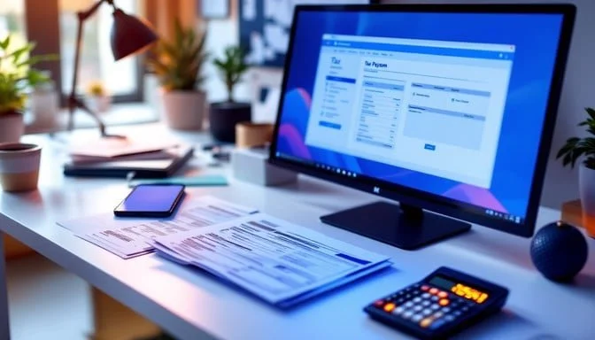 Office desk with a computer monitor displaying a software form, a smartphone, printed documents, a calculator, and potted plants in the background.